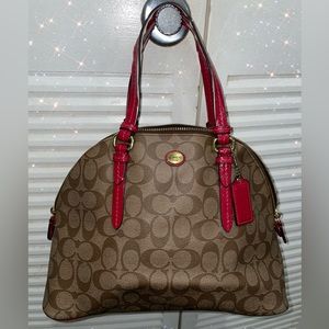 Coach Peyton Signature Cora Domed Satchel  Handbag Khaki Red No G1381-F24606